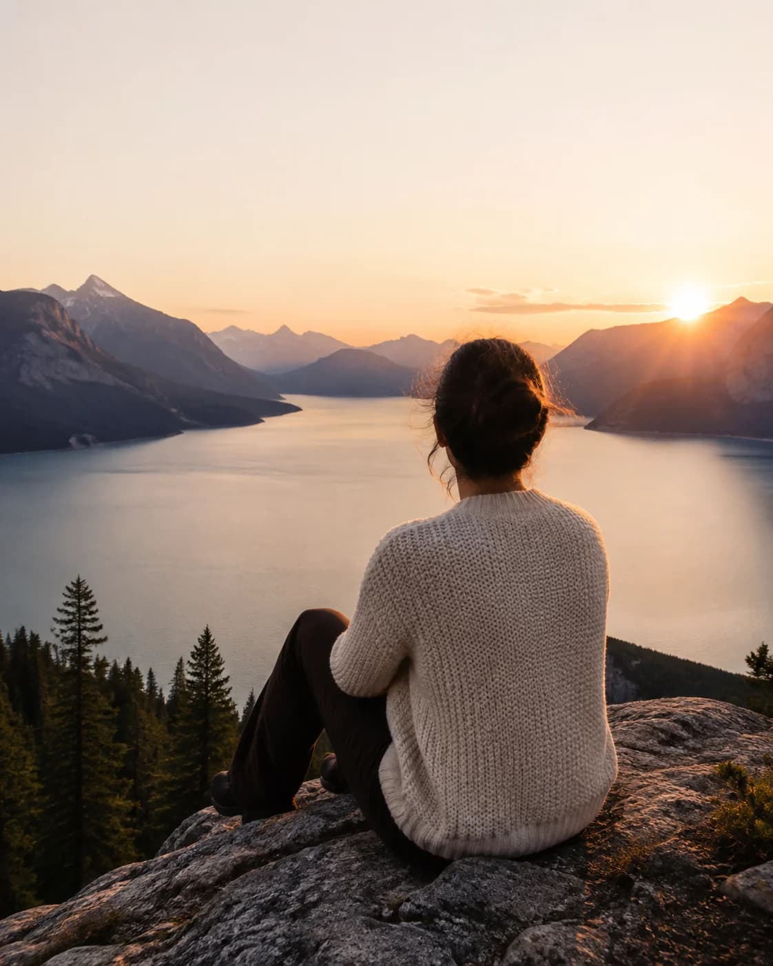A woman sitting above a mountain lake in the warm light of sunset